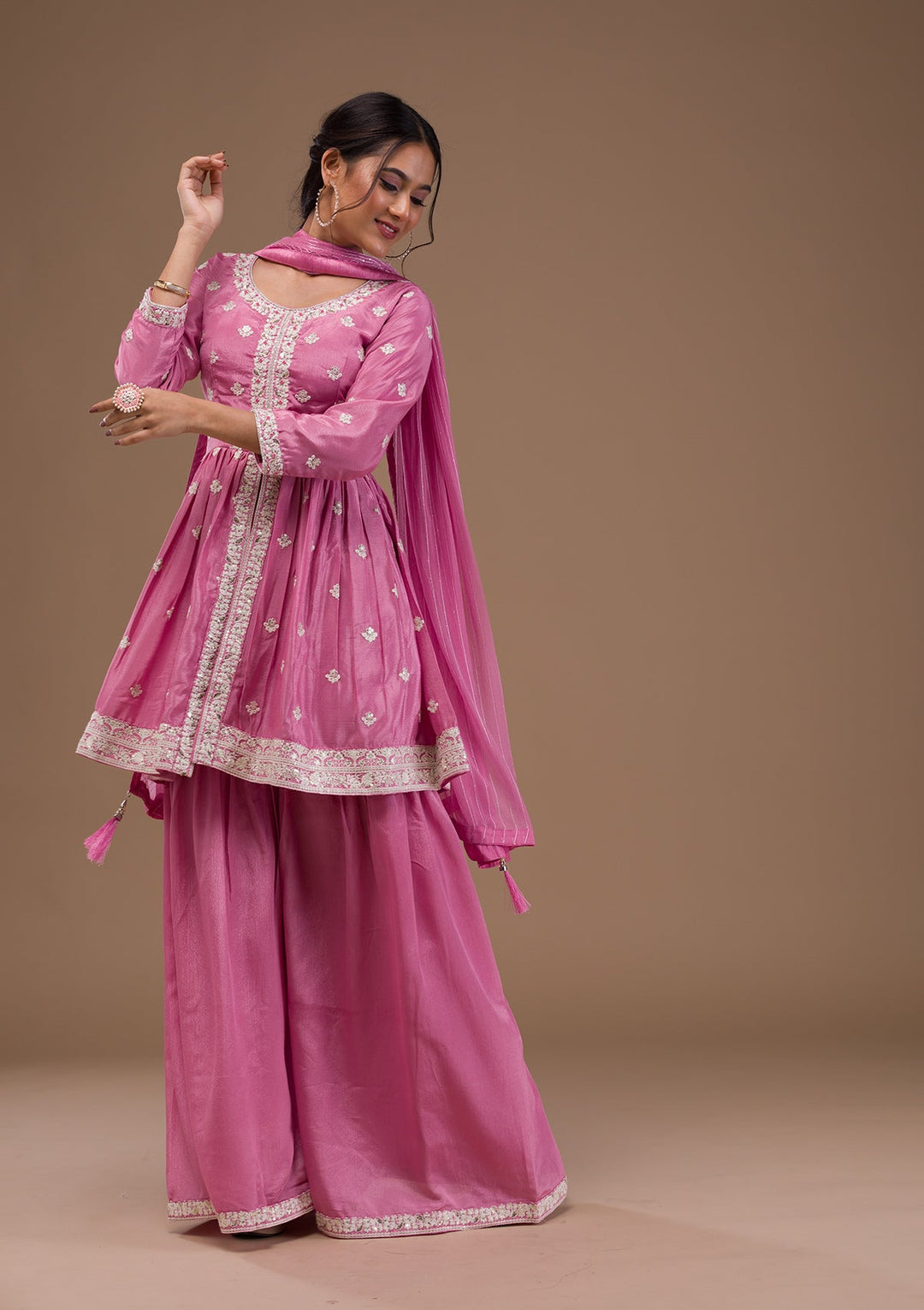 Baby Pink Threadwork Art Silk Readymade Salwar Suit-Koskii