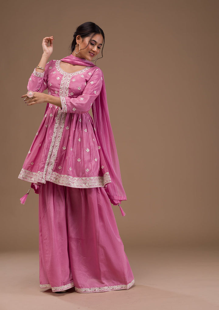 Baby Pink Threadwork Art Silk Readymade Salwar Suit-Koskii