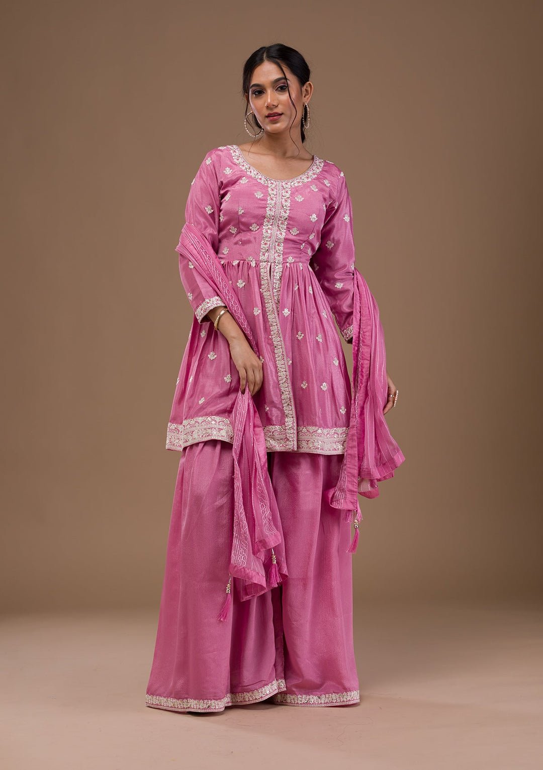 Baby Pink Threadwork Art Silk Readymade Salwar Suit-Koskii