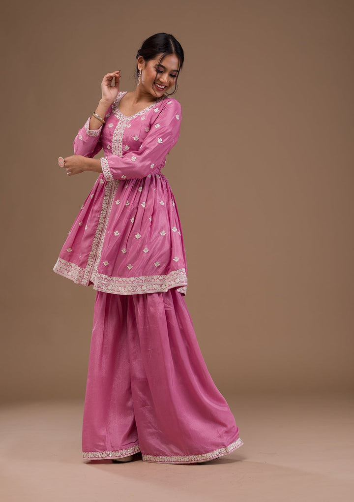 Baby Pink Threadwork Art Silk Readymade Salwar Suit-Koskii