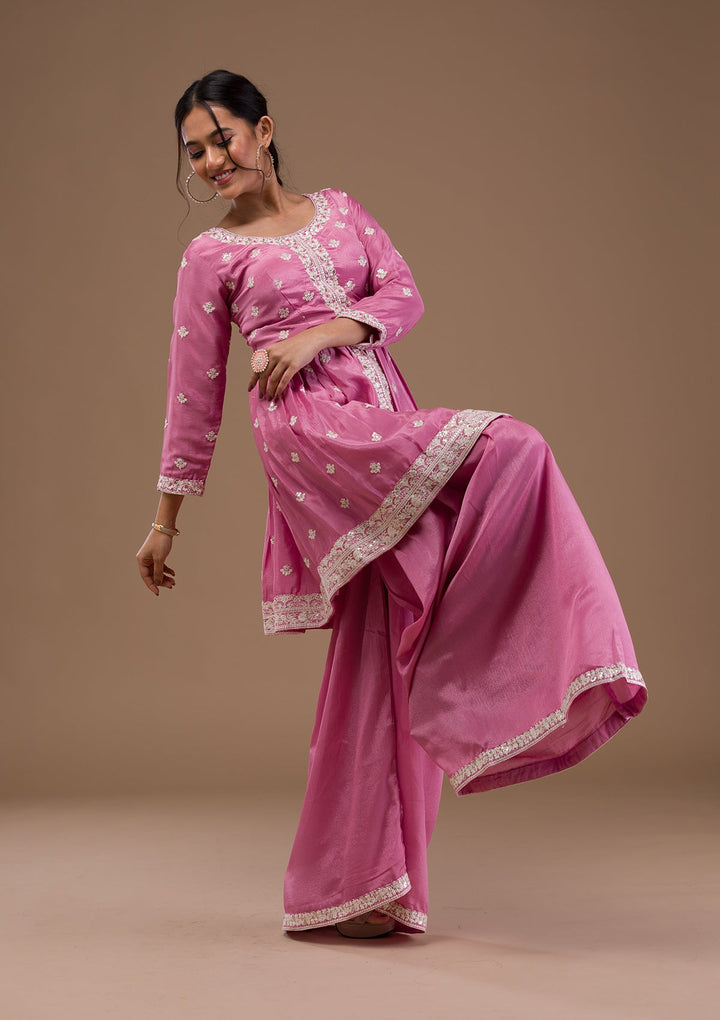 Baby Pink Threadwork Art Silk Readymade Salwar Suit-Koskii
