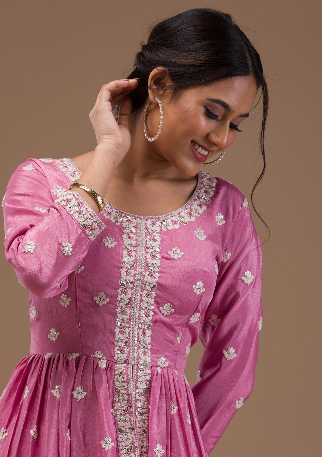 Baby Pink Threadwork Art Silk Readymade Salwar Suit-Koskii
