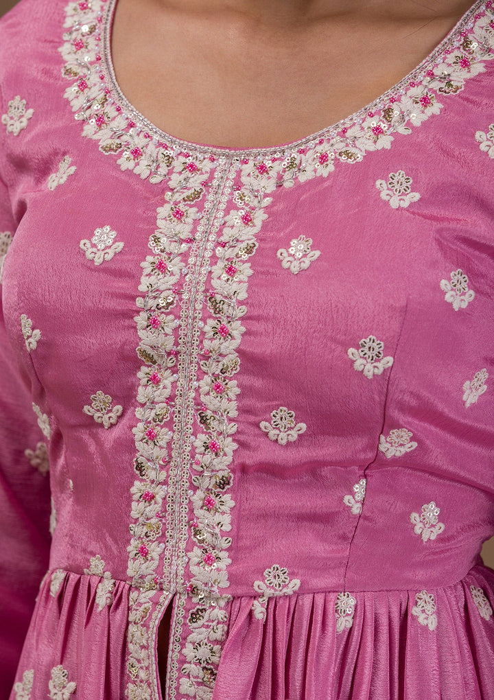 Baby Pink Threadwork Art Silk Readymade Salwar Suit-Koskii
