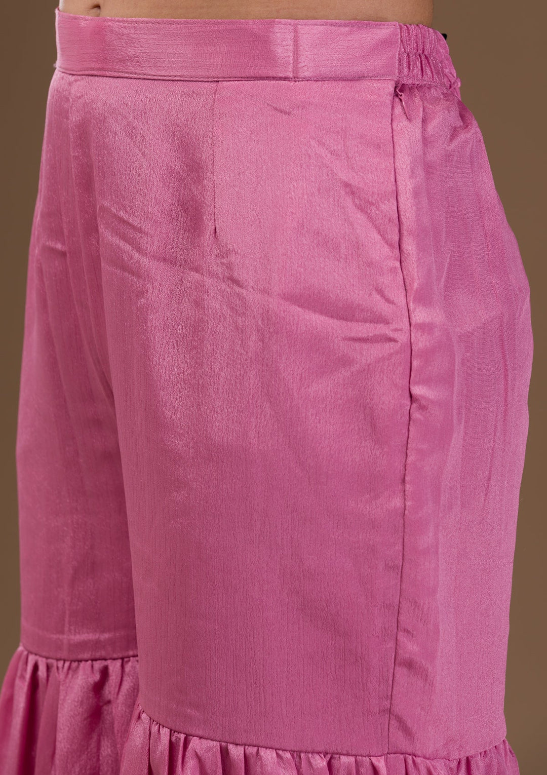 Baby Pink Threadwork Art Silk Readymade Salwar Suit-Koskii