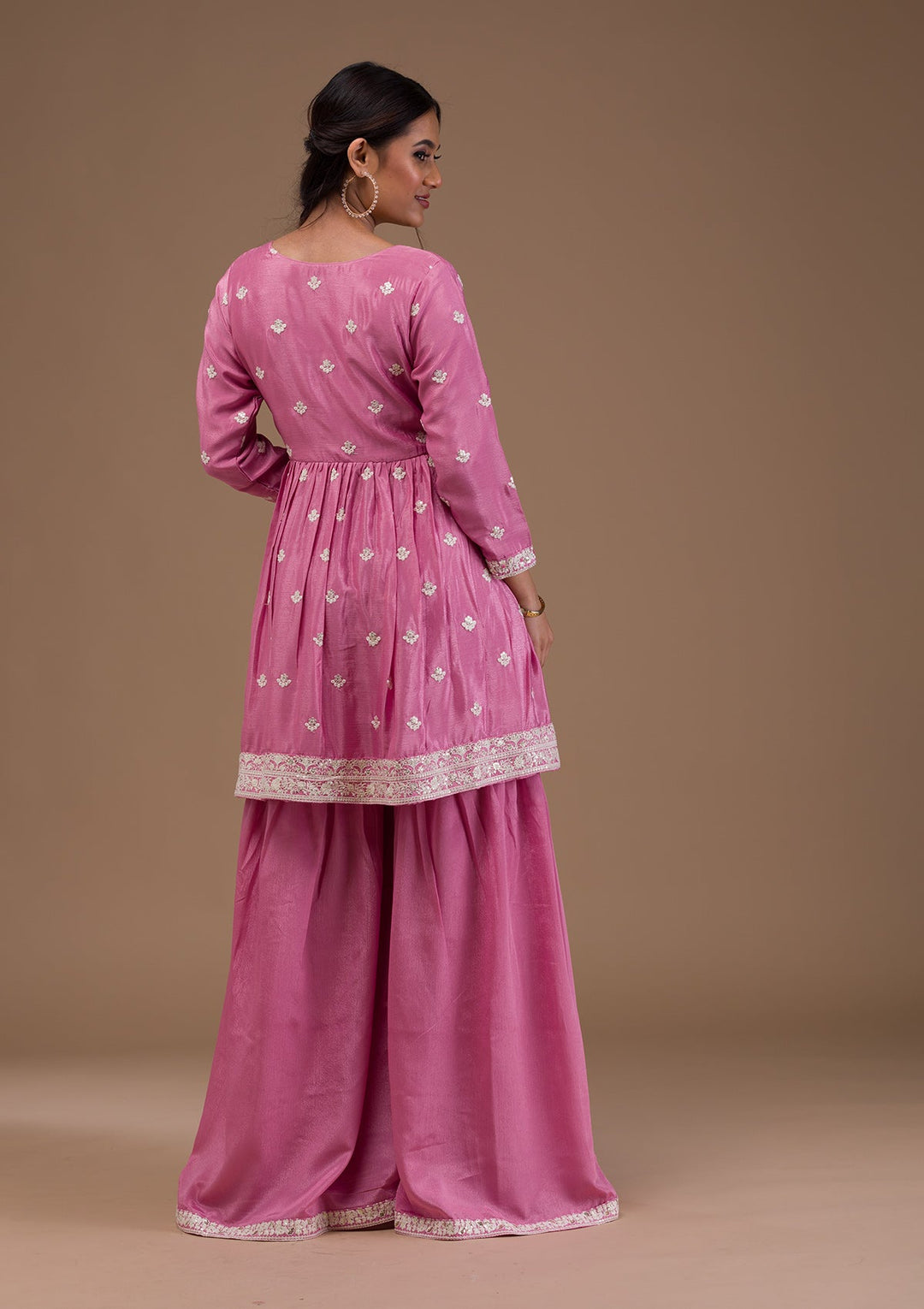Baby Pink Threadwork Art Silk Readymade Salwar Suit-Koskii
