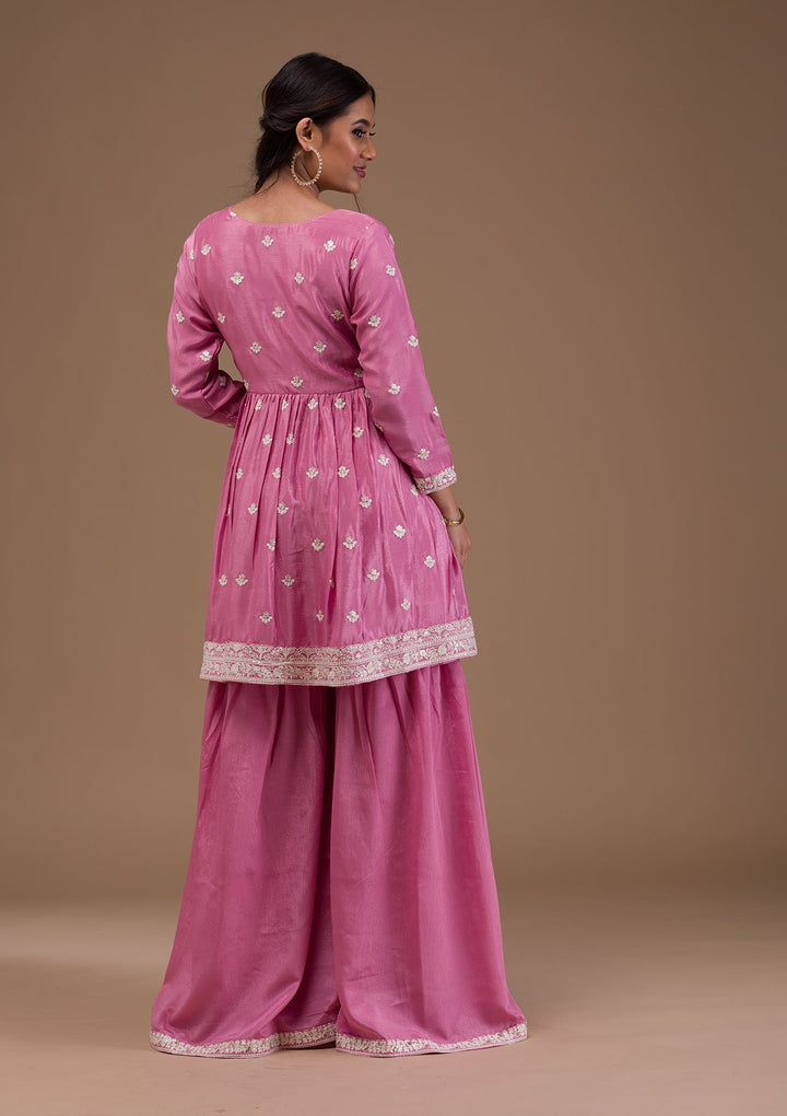 Baby Pink Threadwork Art Silk Readymade Salwar Suit-Koskii