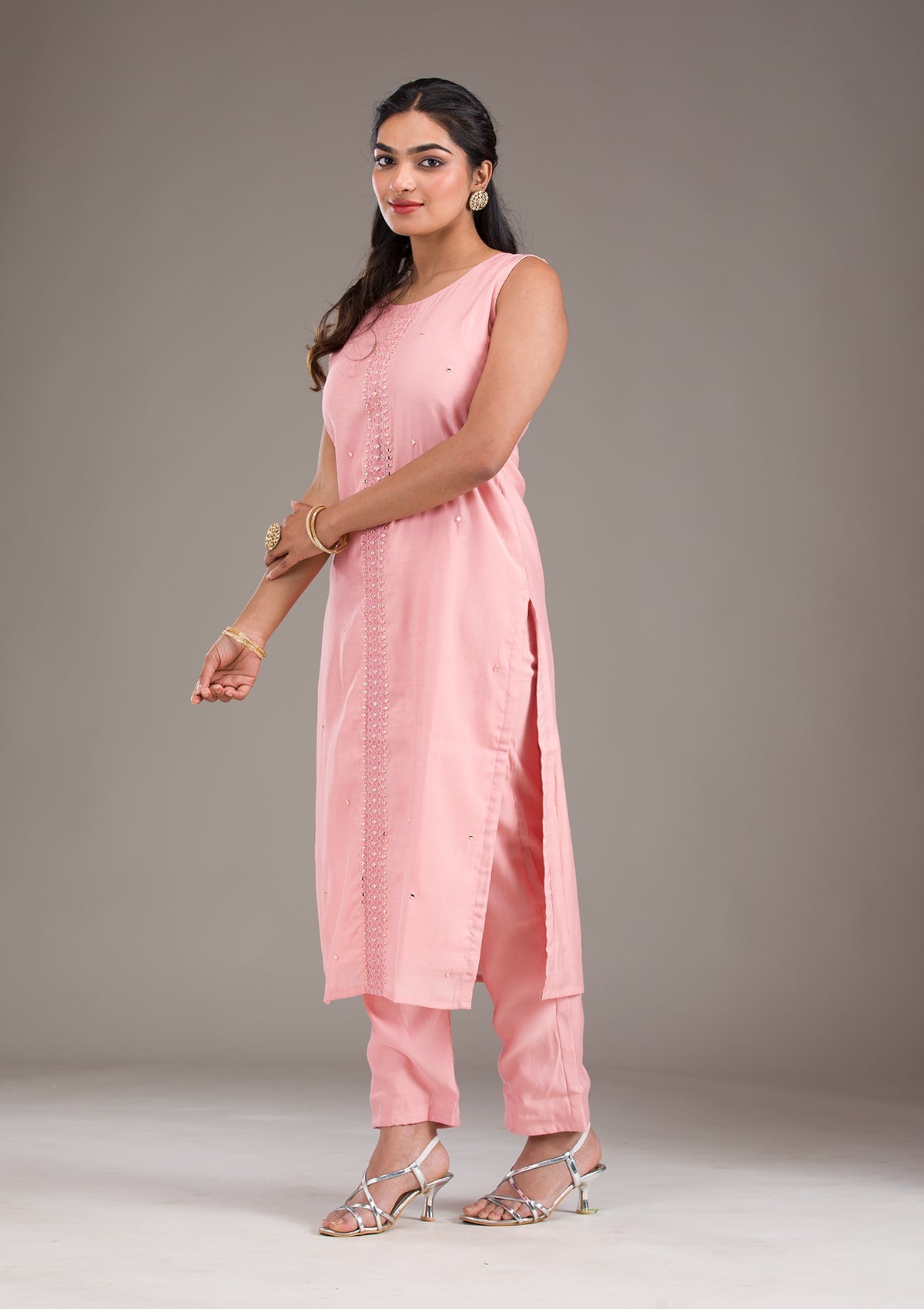 Baby Pink Threadwork Art Silk Readymade Salwar Suit-Koskii