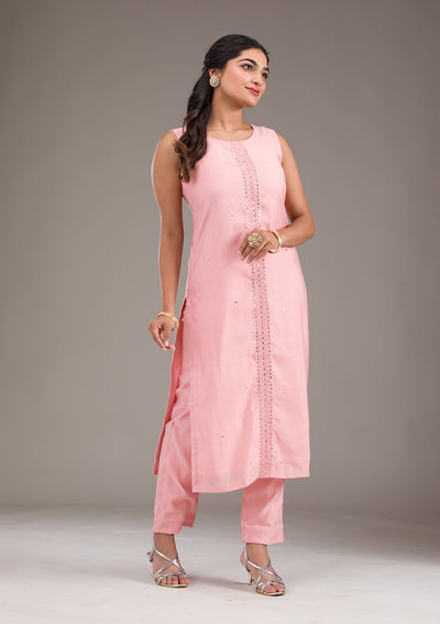 Baby Pink Threadwork Art Silk Readymade Salwar Suit-Koskii