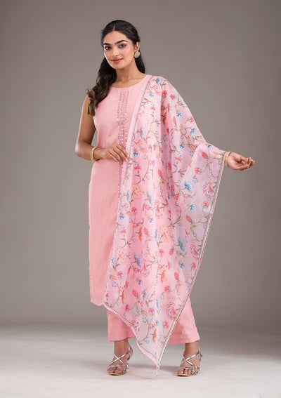 Baby Pink Threadwork Art Silk Readymade Salwar Suit-Koskii