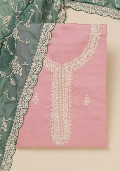 Baby Pink Threadwork Art Silk Unstitched Salwar Suit-Koskii