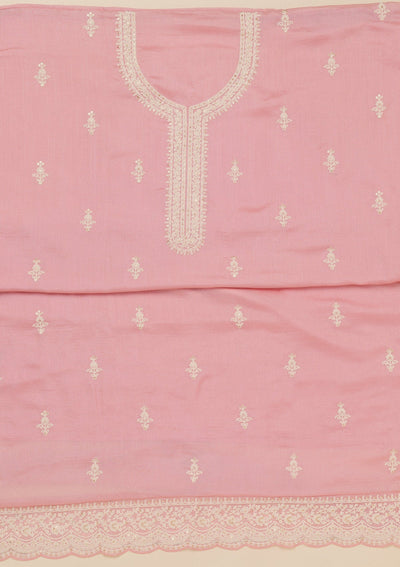 Baby Pink Threadwork Art Silk Unstitched Salwar Suit-Koskii