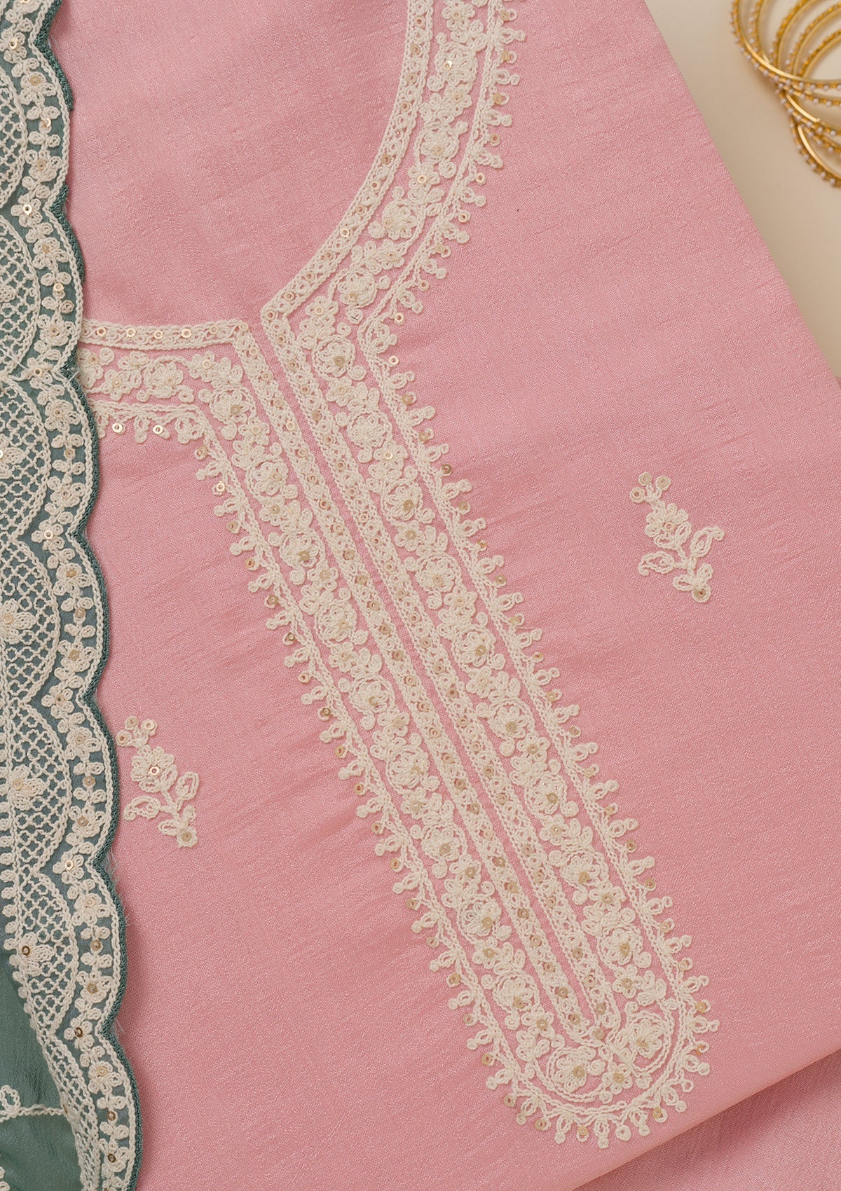 Baby Pink Threadwork Art Silk Unstitched Salwar Suit-Koskii