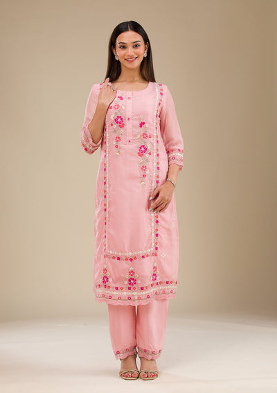 Baby Pink Threadwork Chiffon Readymade Salwar Suit-Koskii