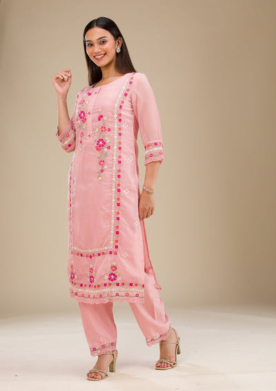 Baby Pink Threadwork Chiffon Readymade Salwar Suit-Koskii