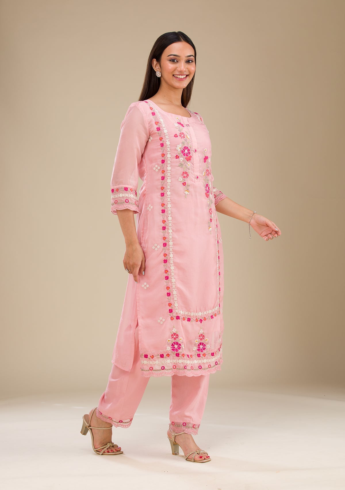 Baby Pink Threadwork Chiffon Readymade Salwar Suit-Koskii