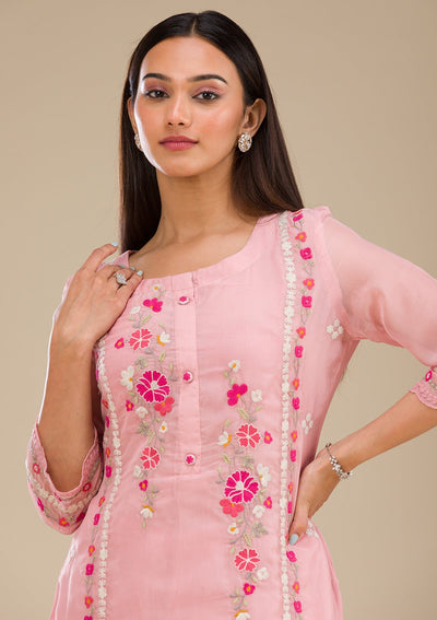 Baby Pink Threadwork Chiffon Readymade Salwar Suit-Koskii