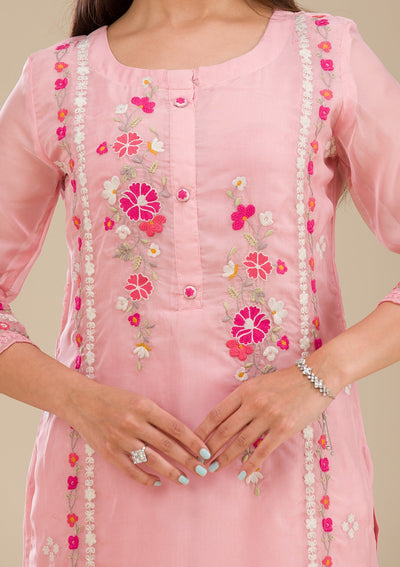 Baby Pink Threadwork Chiffon Readymade Salwar Suit-Koskii