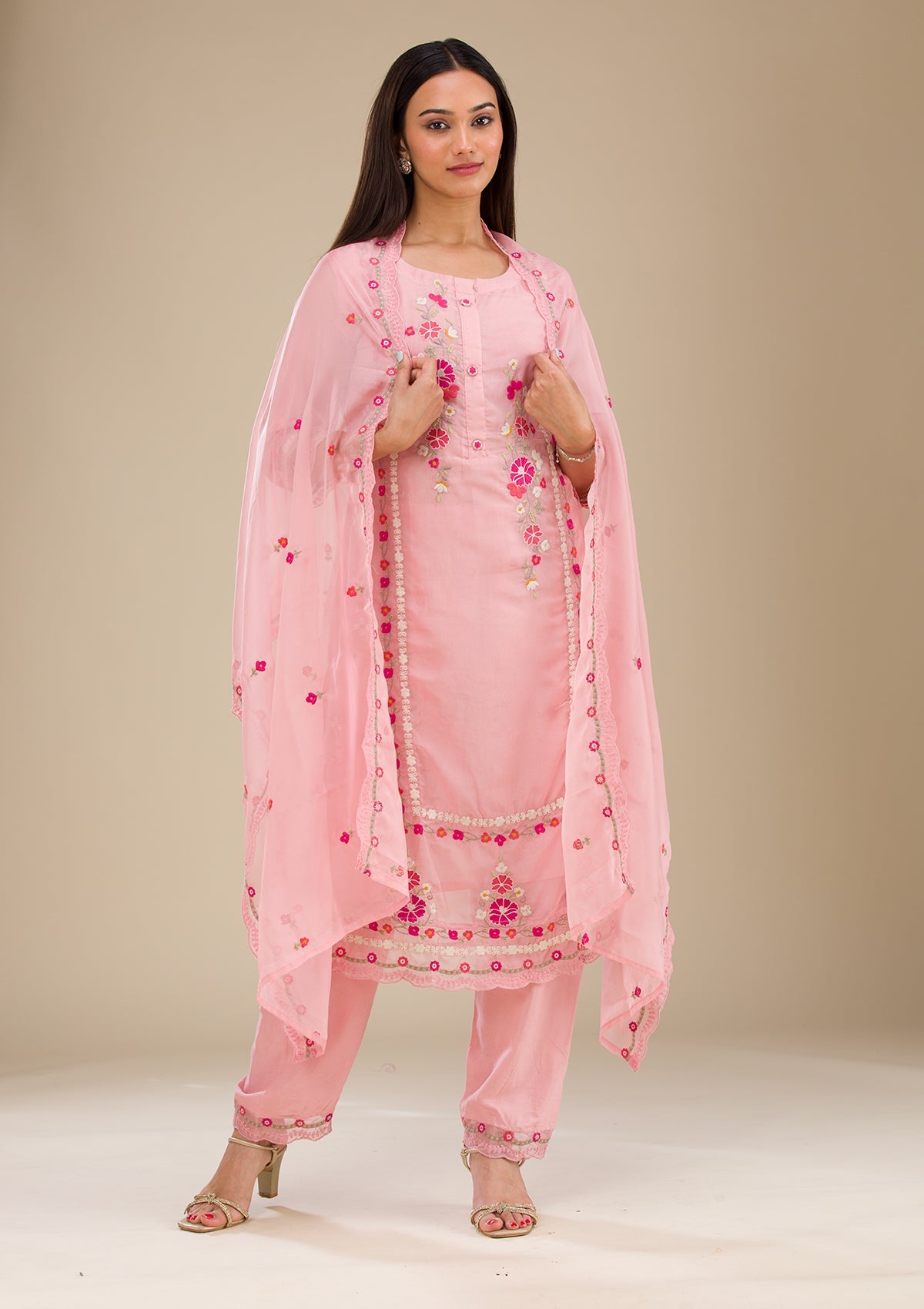 Baby Pink Threadwork Chiffon Readymade Salwar Suit-Koskii