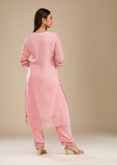 Baby Pink Threadwork Chiffon Readymade Salwar Suit-Koskii