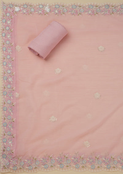 Baby Pink Threadwork Chiffon Unstitched Salwar Suit-Koskii