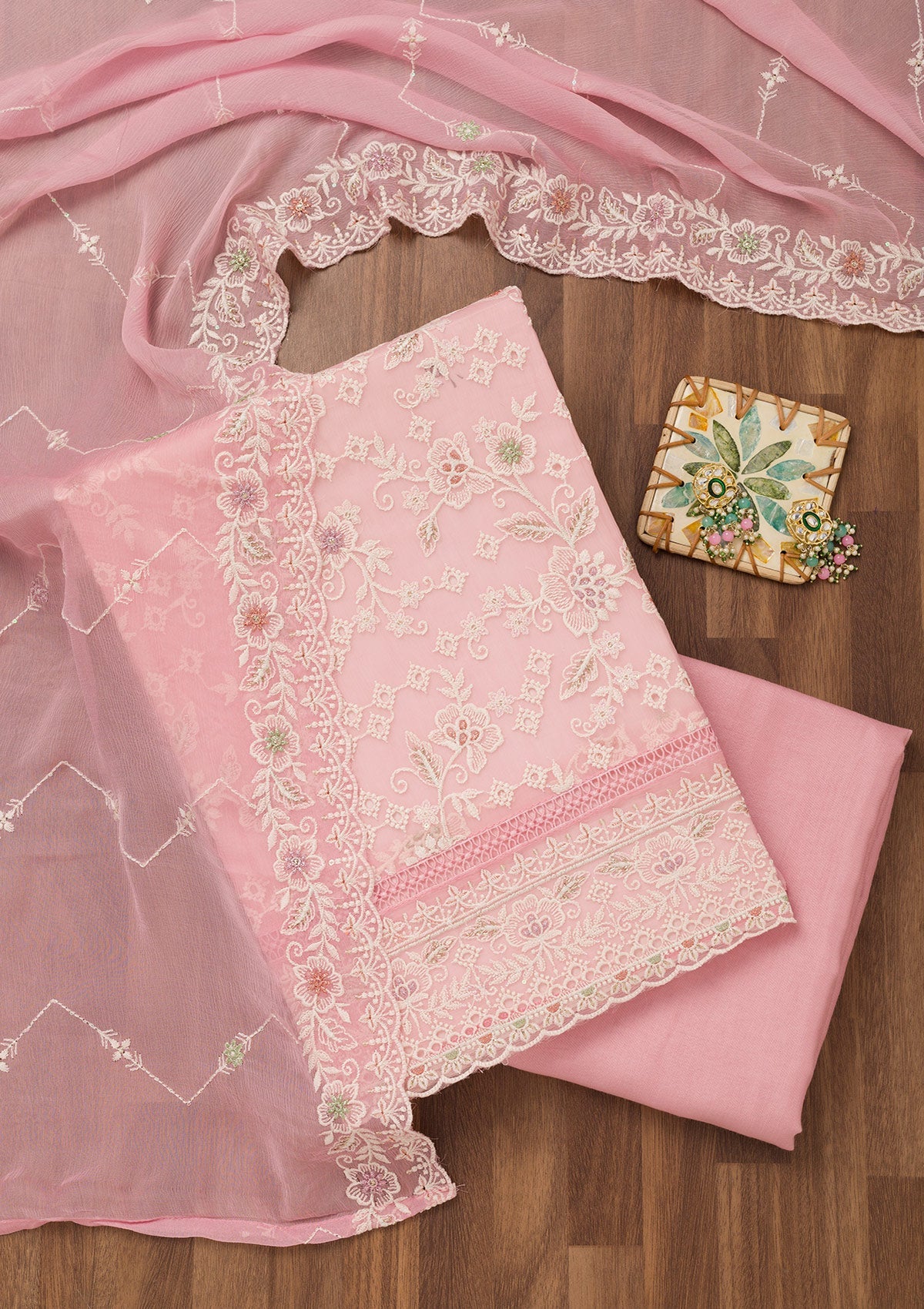 Baby Pink Threadwork Chiffon Unstitched Salwar Suit-Koskii