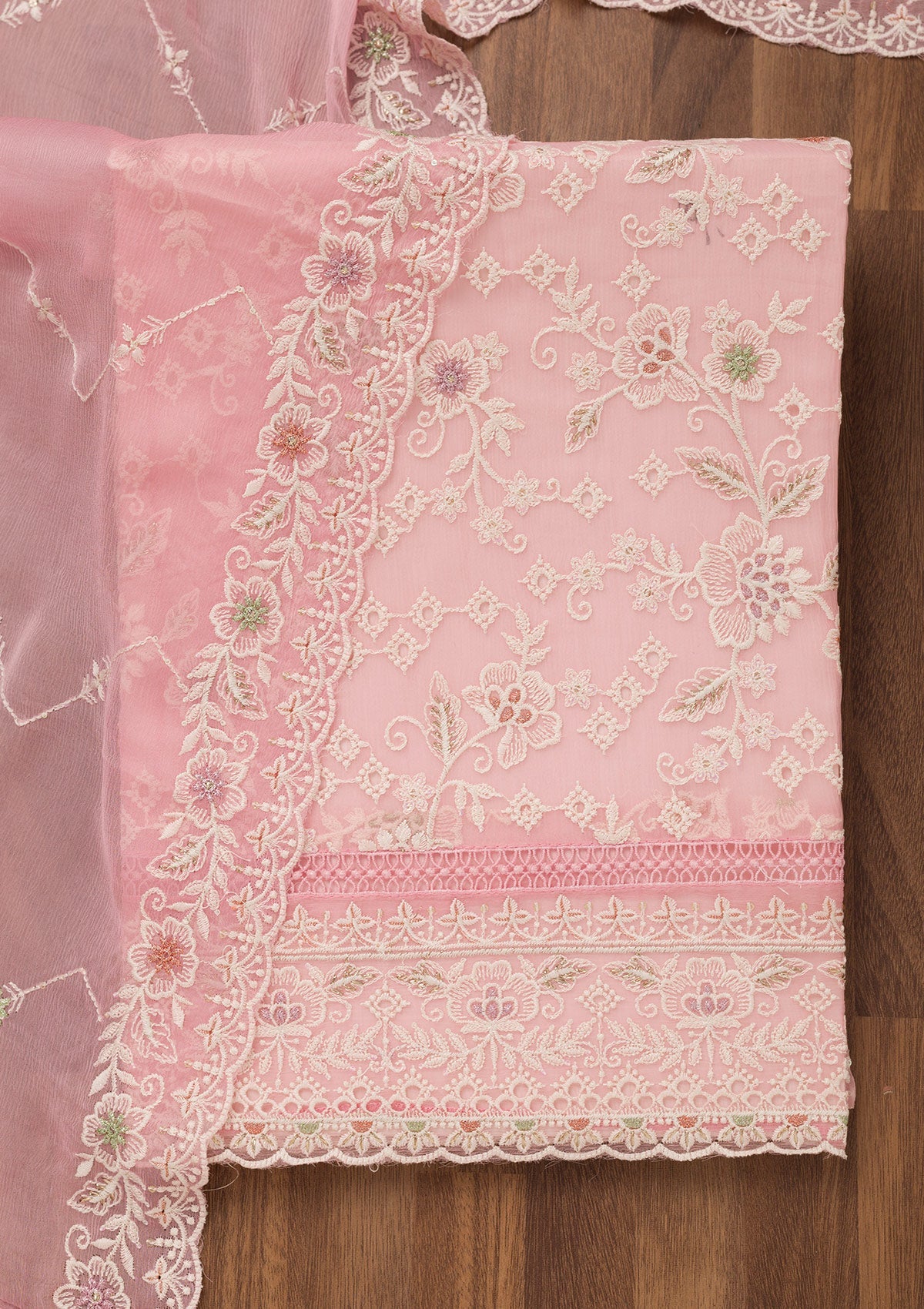 Baby Pink Threadwork Chiffon Unstitched Salwar Suit-Koskii