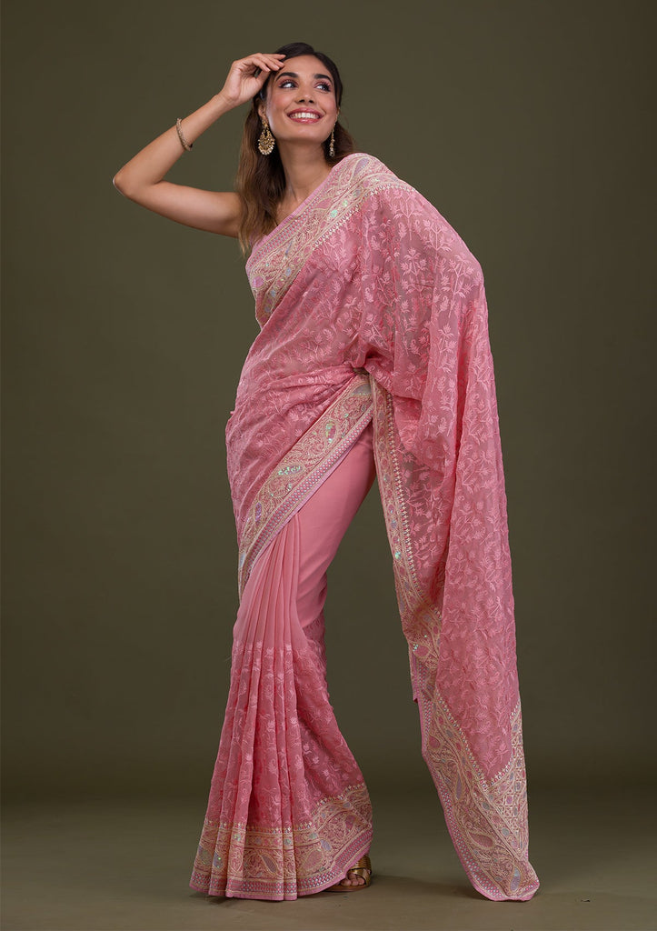Buy Pink Threadwork Chiffon Saree - Koskii