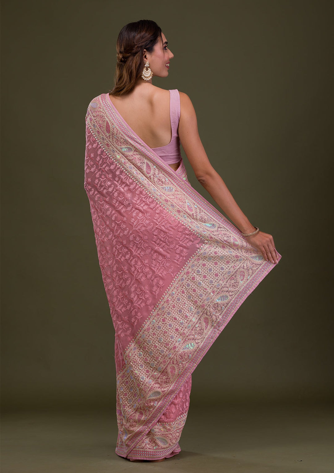 Baby Pink Threadwork Chiffon Saree-Koskii