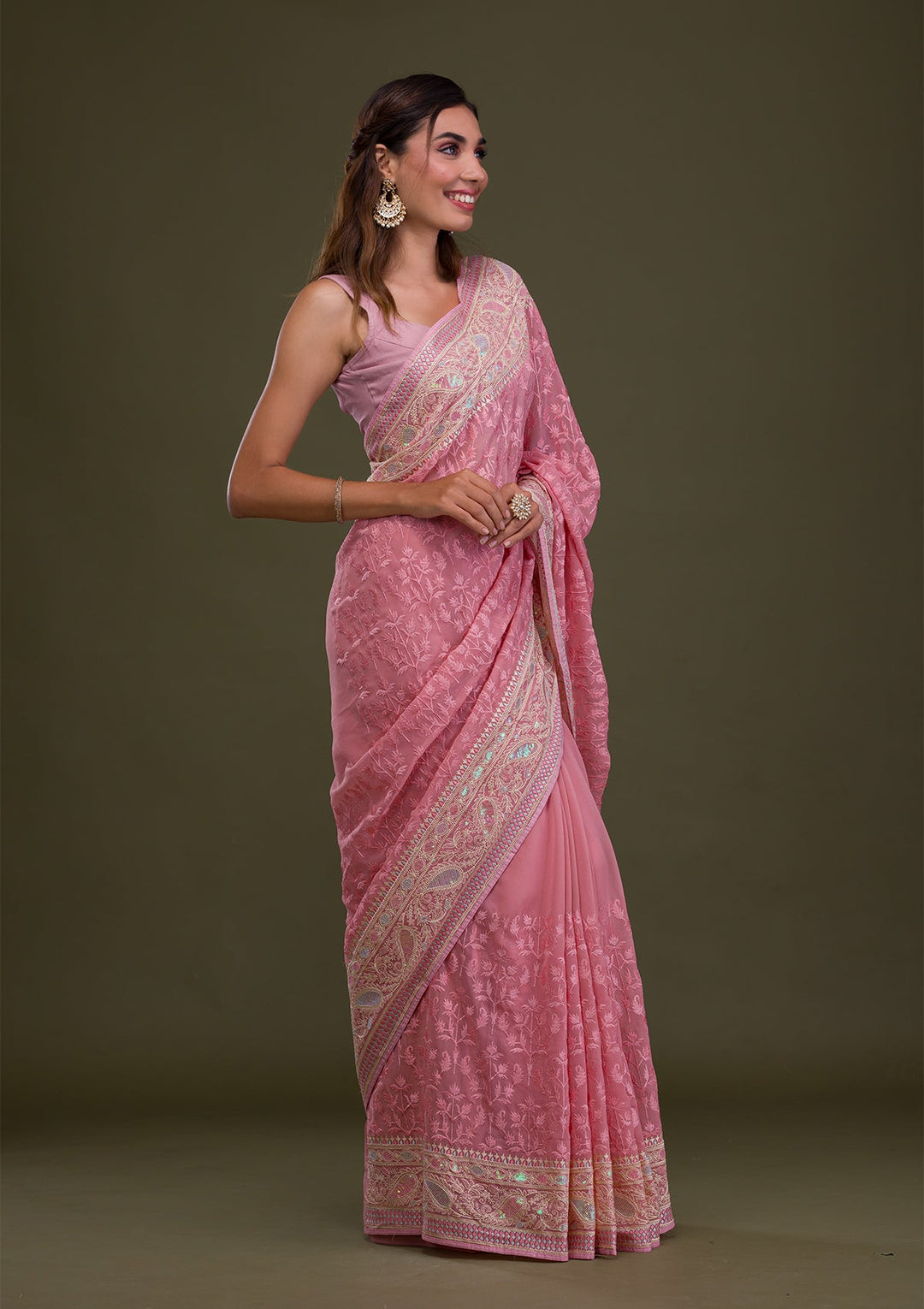 Baby Pink Threadwork Chiffon Saree-Koskii