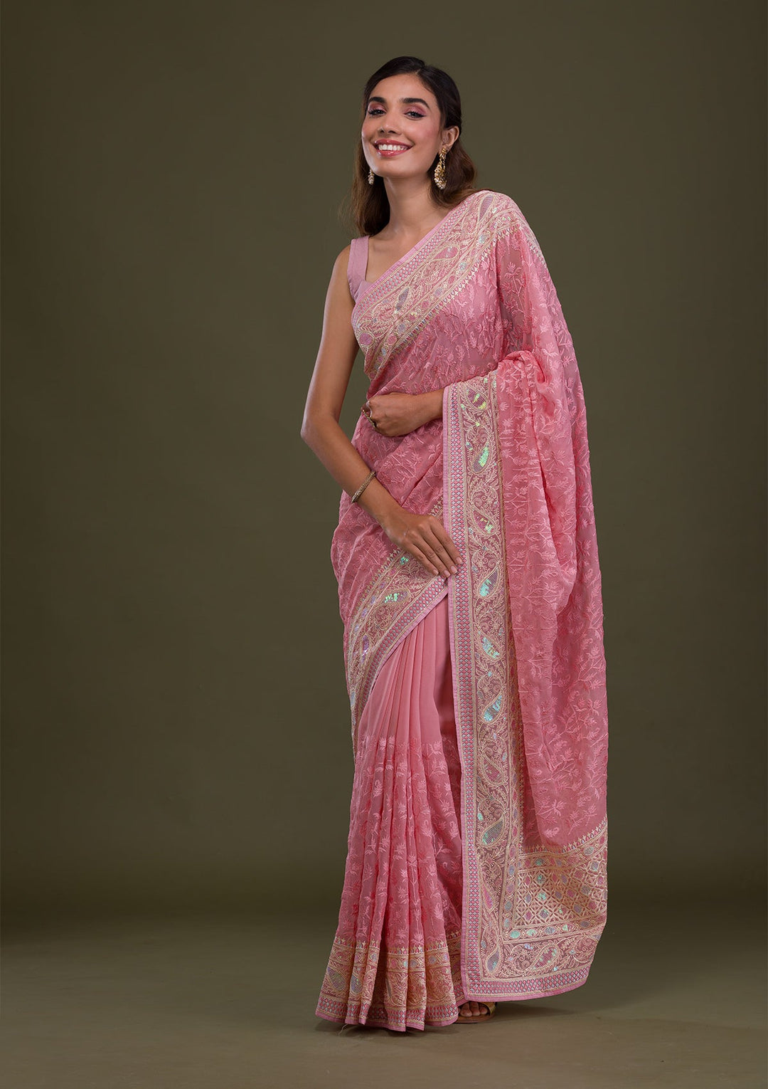 Baby Pink Threadwork Chiffon Saree-Koskii