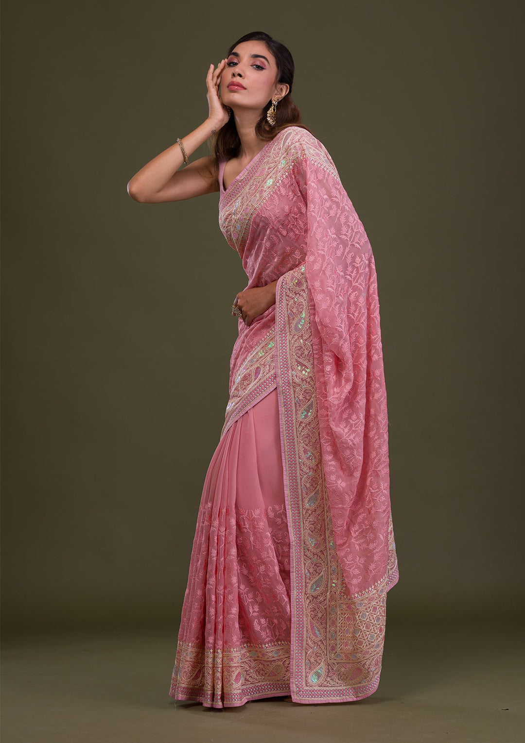 Baby Pink Threadwork Chiffon Saree-Koskii