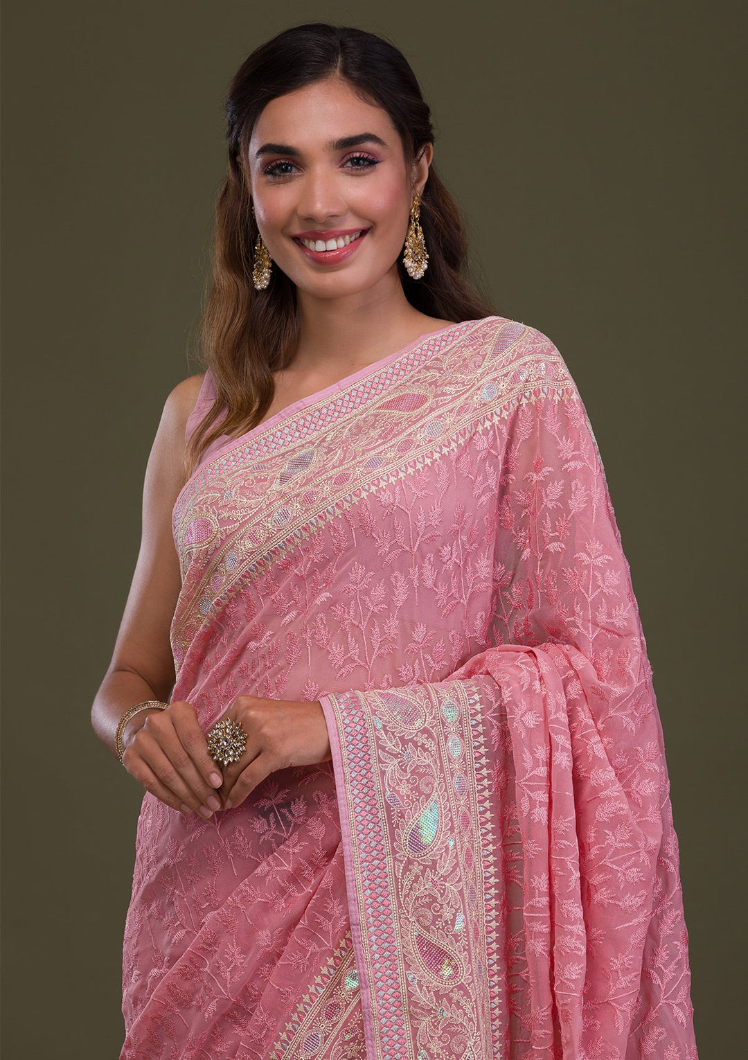 Baby Pink Threadwork Chiffon Saree-Koskii