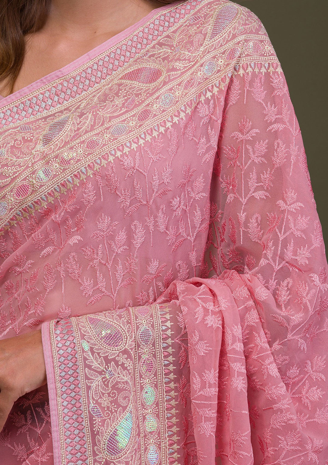 Baby Pink Threadwork Chiffon Saree-Koskii