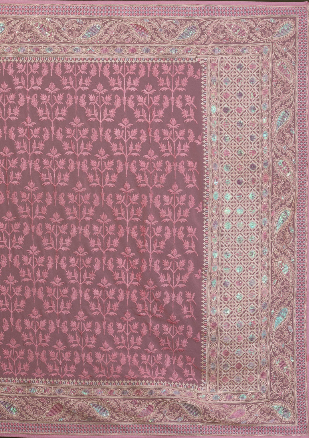 Baby Pink Threadwork Chiffon Saree-Koskii