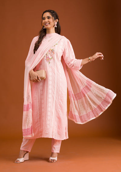 Baby Pink Threadwork Cotton Readymade Salwar Suit-Koskii