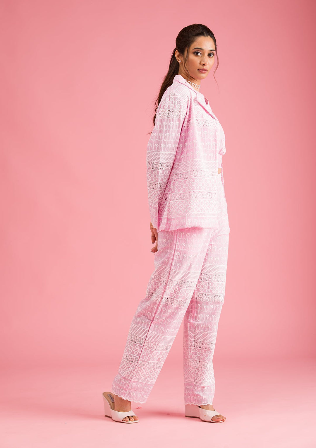 Baby Pink Threadwork Cotton Readymade Salwar Suit-Koskii