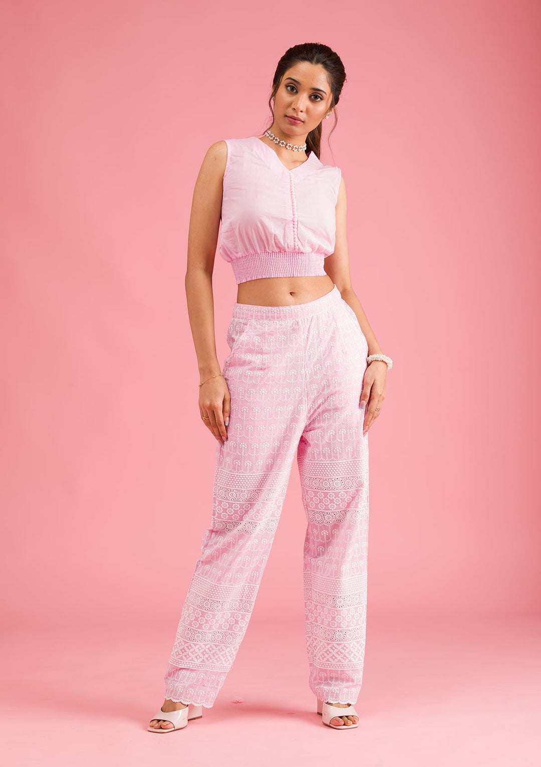 Baby Pink Threadwork Cotton Readymade Salwar Suit-Koskii