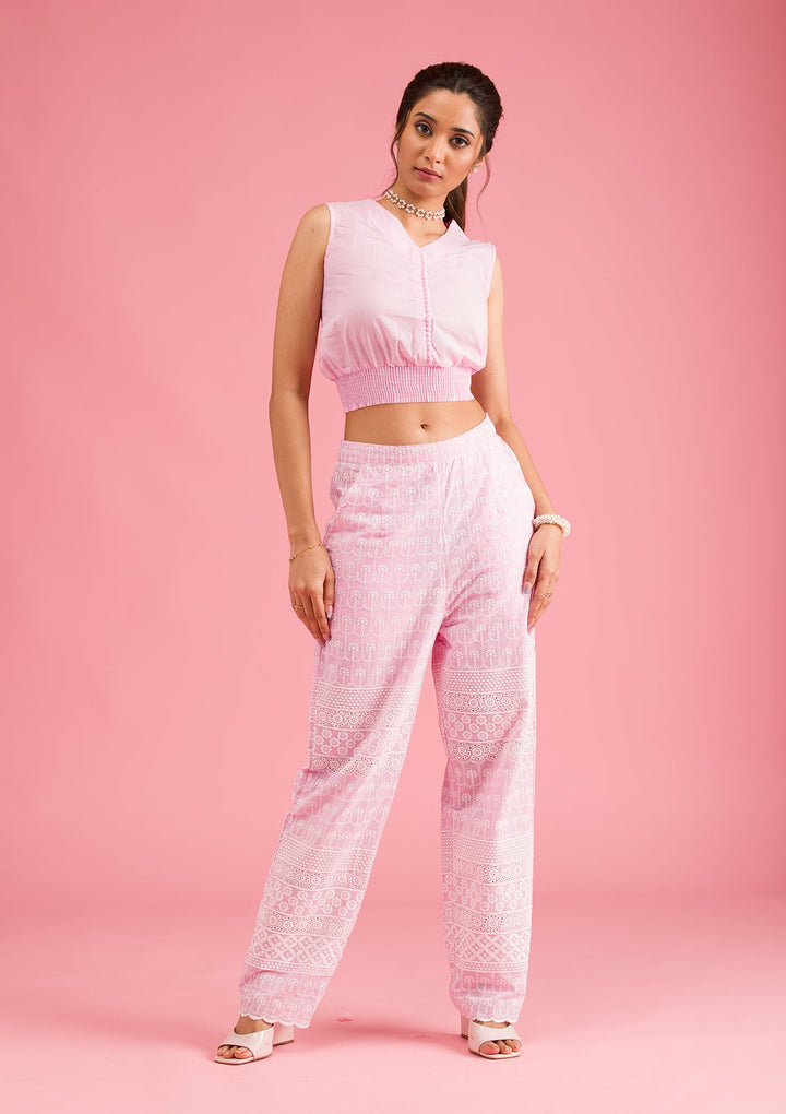 Baby Pink Threadwork Cotton Readymade Salwar Suit-Koskii