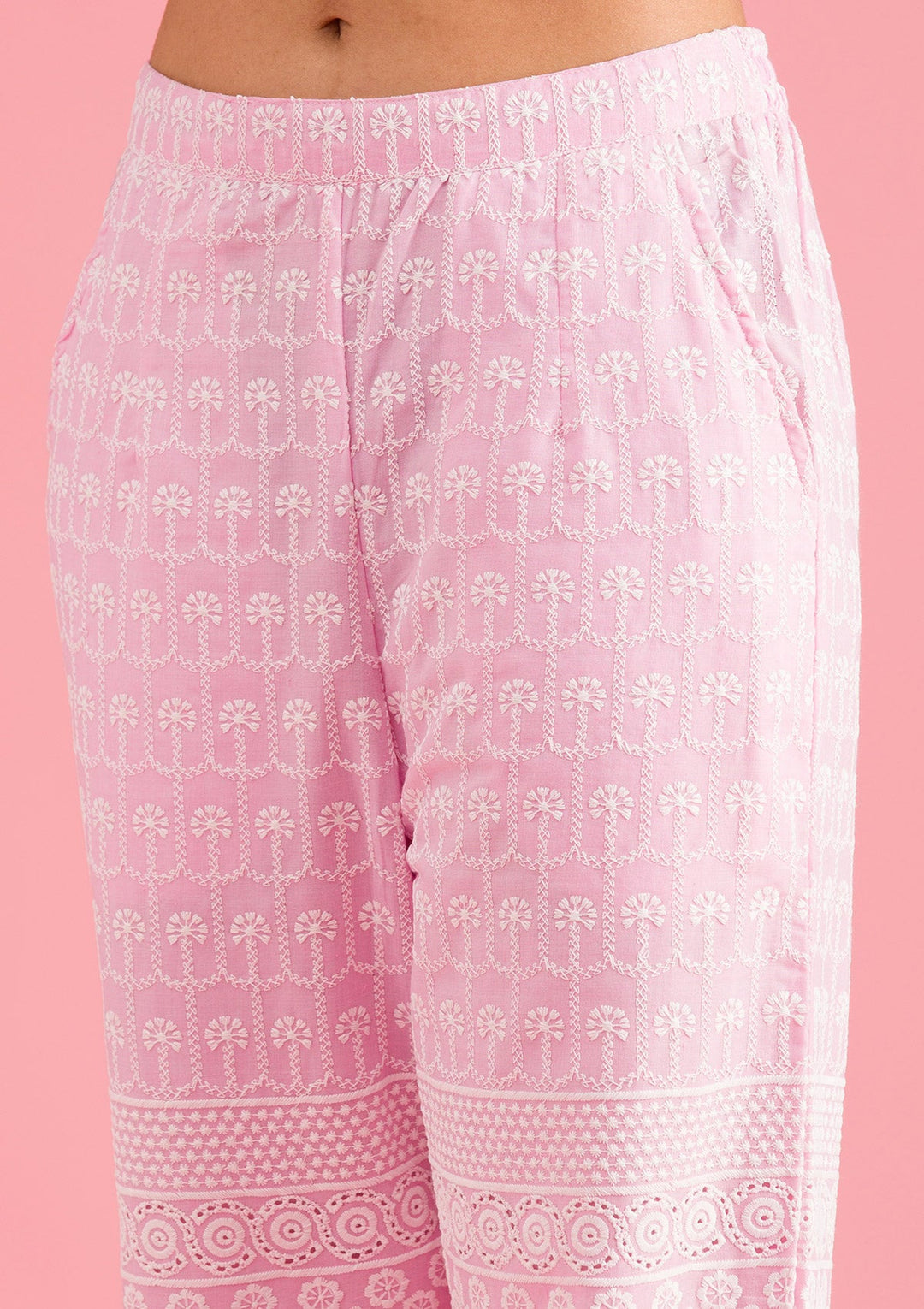 Baby Pink Threadwork Cotton Readymade Salwar Suit-Koskii