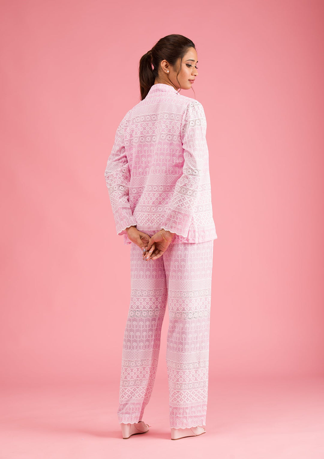 Baby Pink Threadwork Cotton Readymade Salwar Suit-Koskii