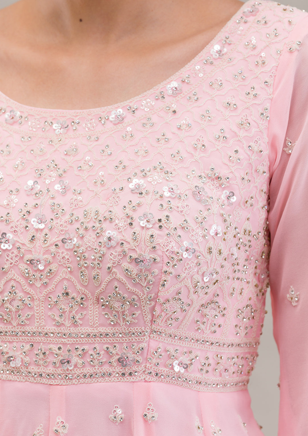 Baby Pink Threadwork Georgette Readymade Salwar Kameez