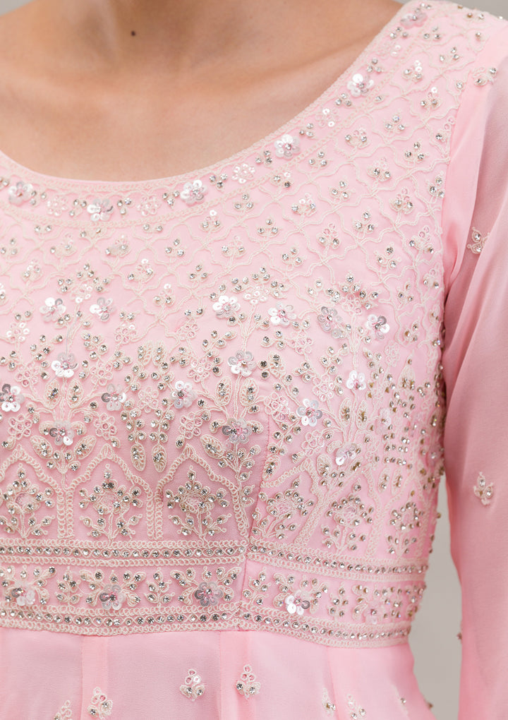 Baby Pink Threadwork Georgette Readymade Salwar Kameez