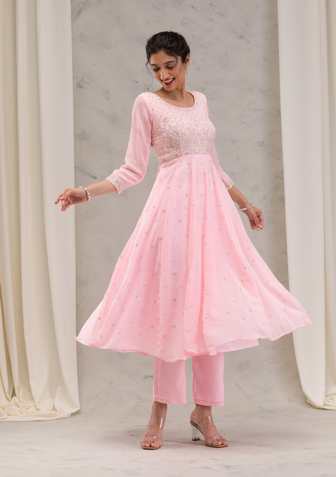 Baby Pink Threadwork Georgette Readymade Salwar Kameez