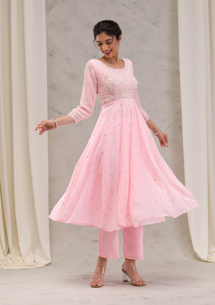 Baby Pink Threadwork Georgette Readymade Salwar Kameez