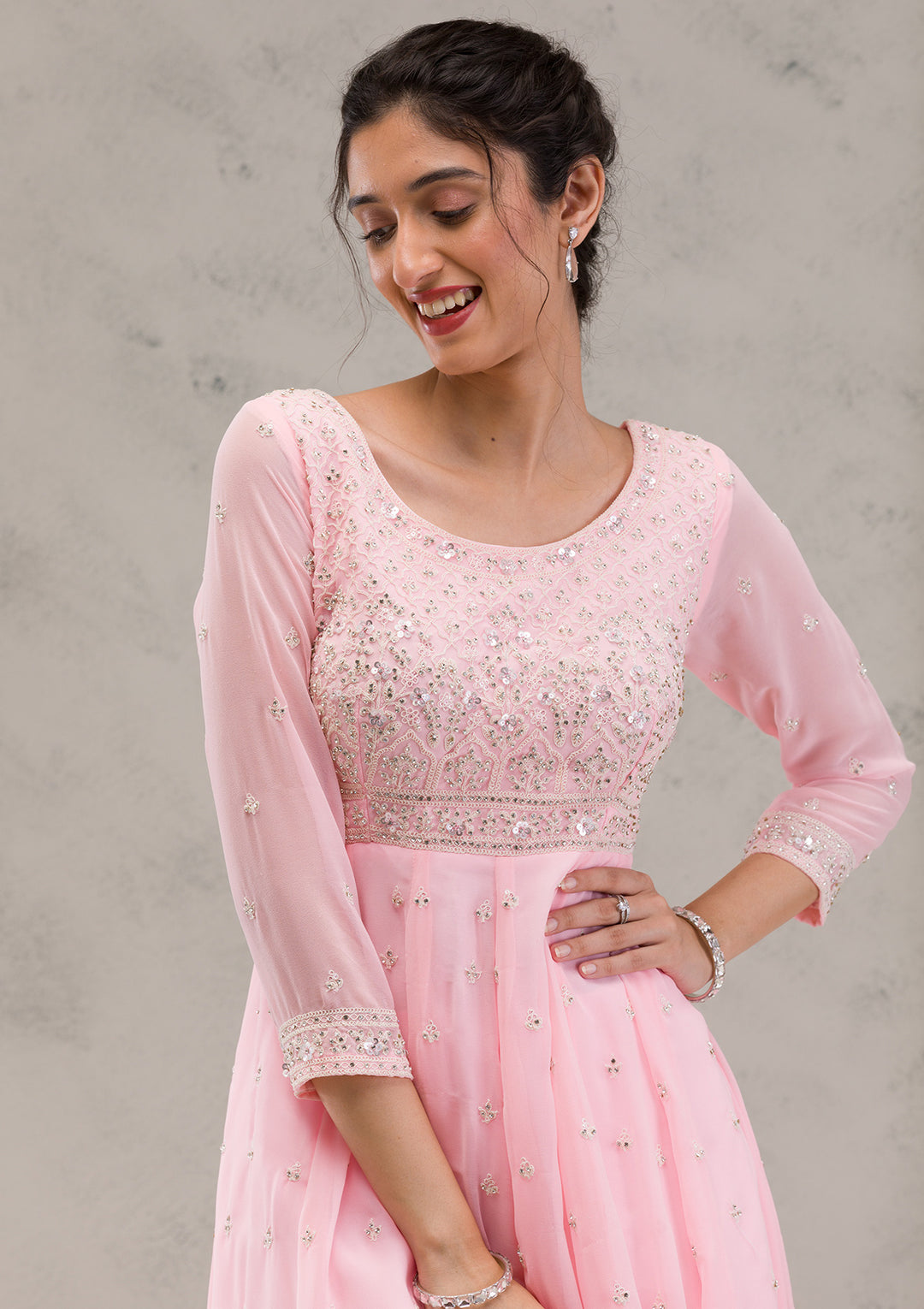 Buy Baby Pink Threadwork Georgette Readymade Salwar Kameez