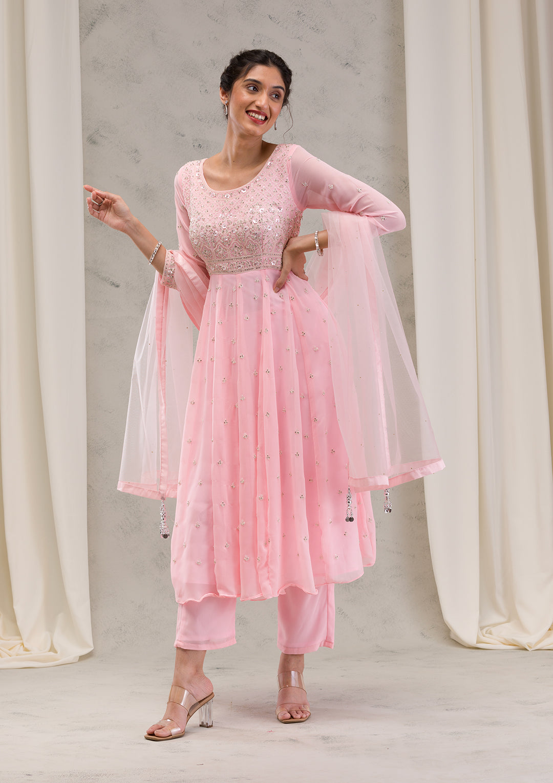 Baby Pink Threadwork Georgette Readymade Salwar Kameez
