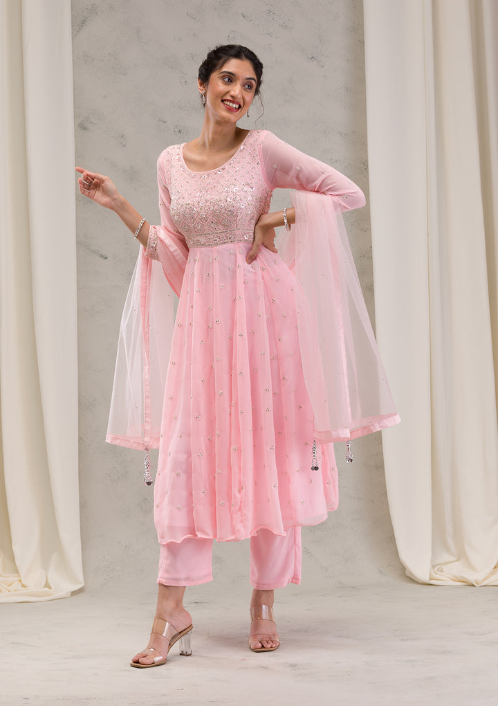 Baby Pink Threadwork Georgette Readymade Salwar Kameez