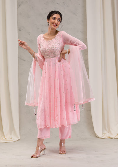 Baby Pink Threadwork Georgette Readymade Salwar Suit