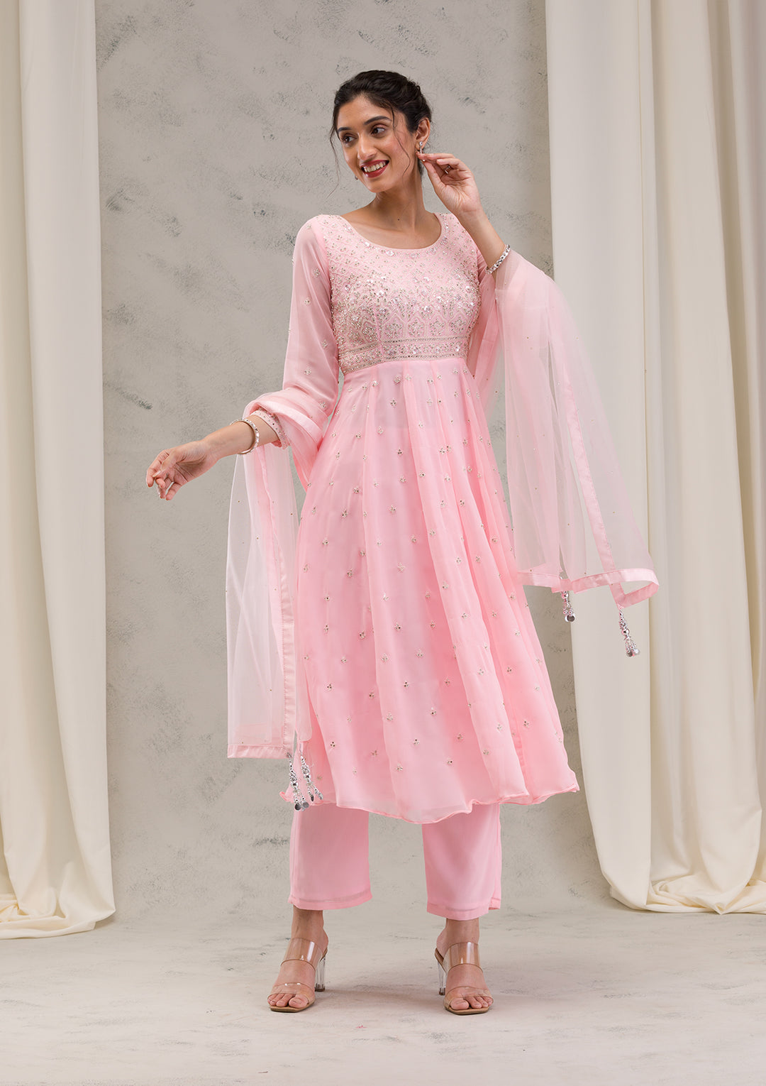 Buy Baby Pink Threadwork Georgette Readymade Salwar Kameez Koskii
