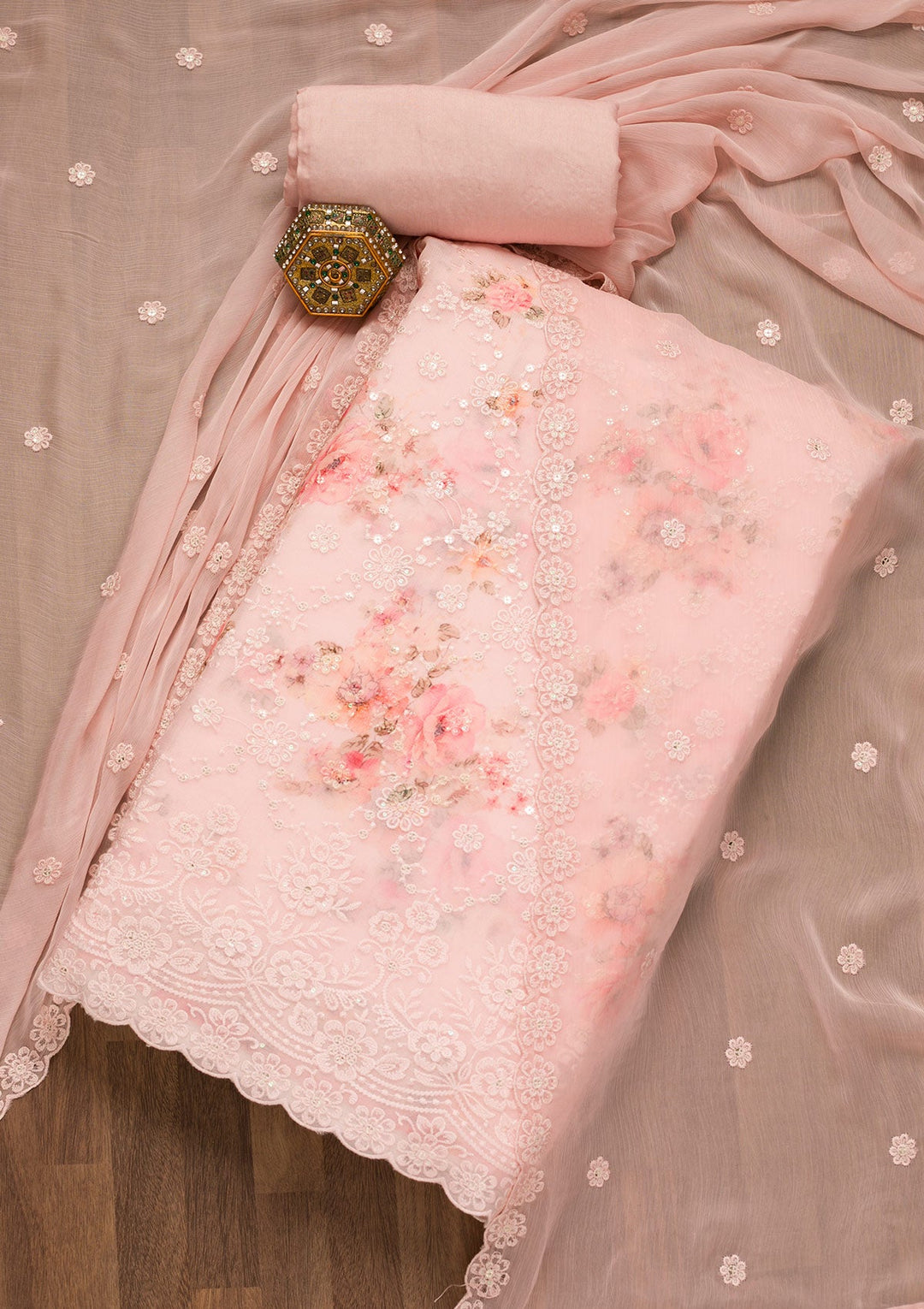Baby Pink Threadwork Georgette Unstitched Salwar Suit-Koskii